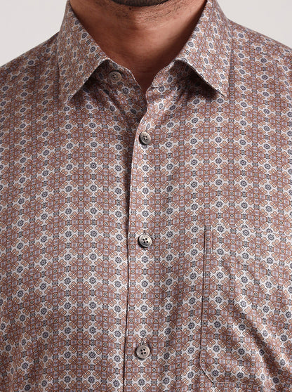 Brown Printed Slim Fit Formal Shirt | Metal
