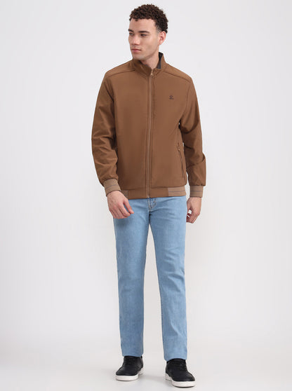 Khaki & Grey Solid Slim Fit Winter Jacket | Greenfibre