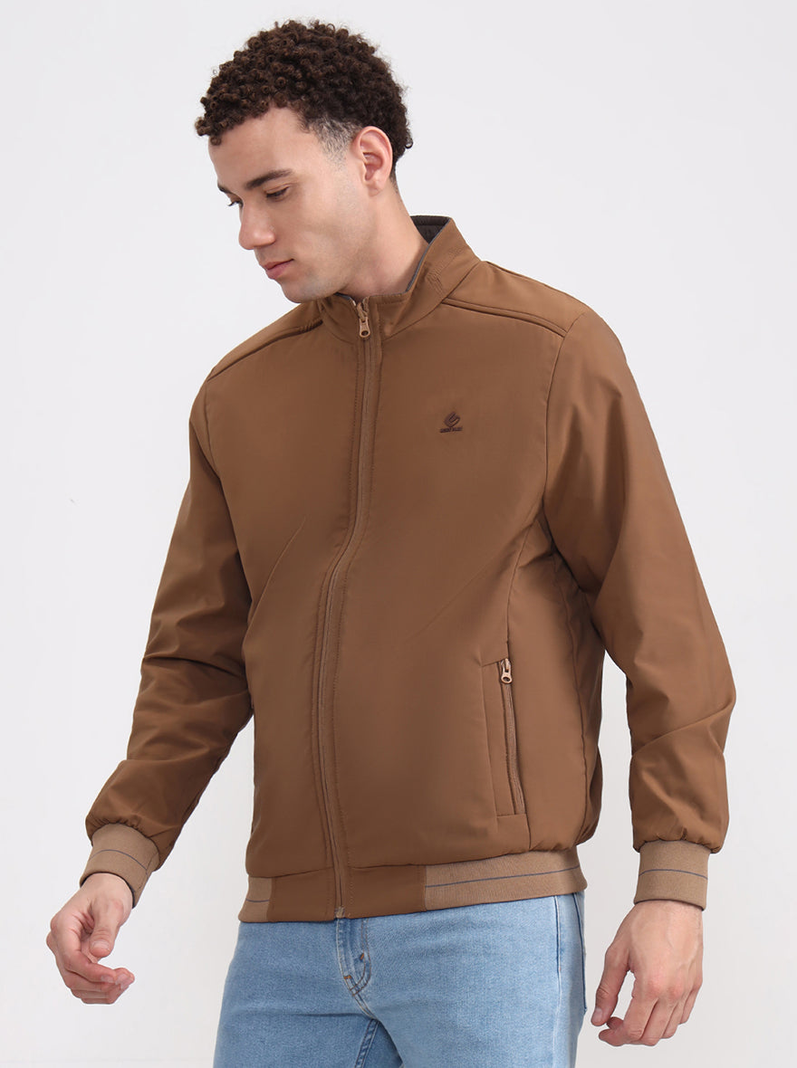 Khaki & Grey Solid Slim Fit Winter Jacket | Greenfibre