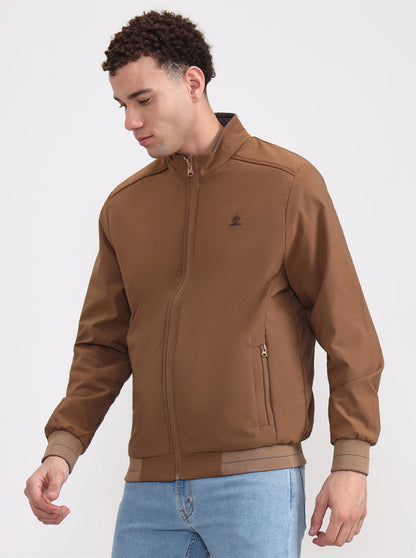 Khaki & Grey Solid Slim Fit Winter Jacket | Greenfibre