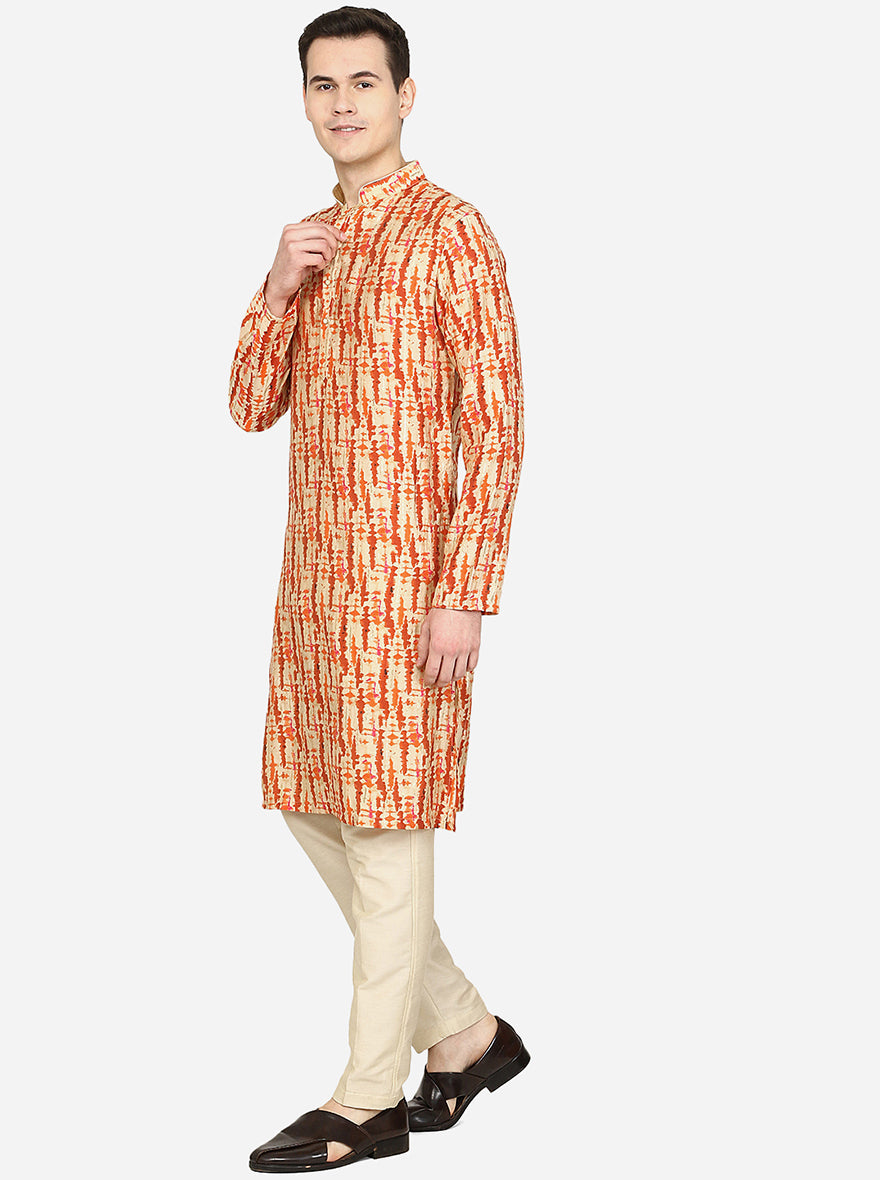 Rustic Orange Printed Cotton Blend Kurta | The Kurta Company