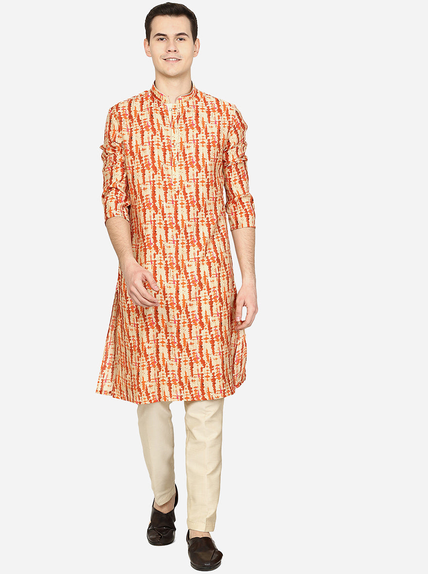 Rustic Orange Printed Cotton Blend Kurta | The Kurta Company