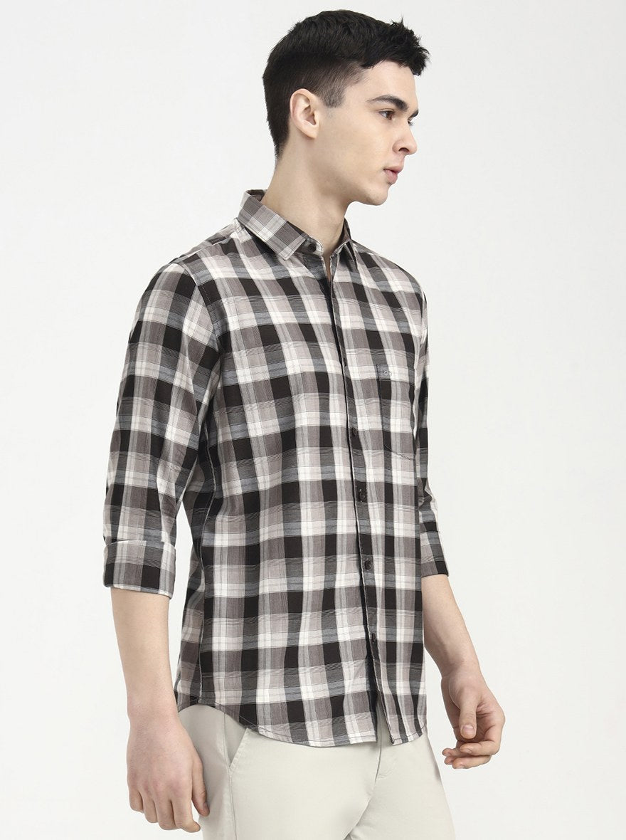Brown Checked Slim Fit Casual Shirt | JadeBlue