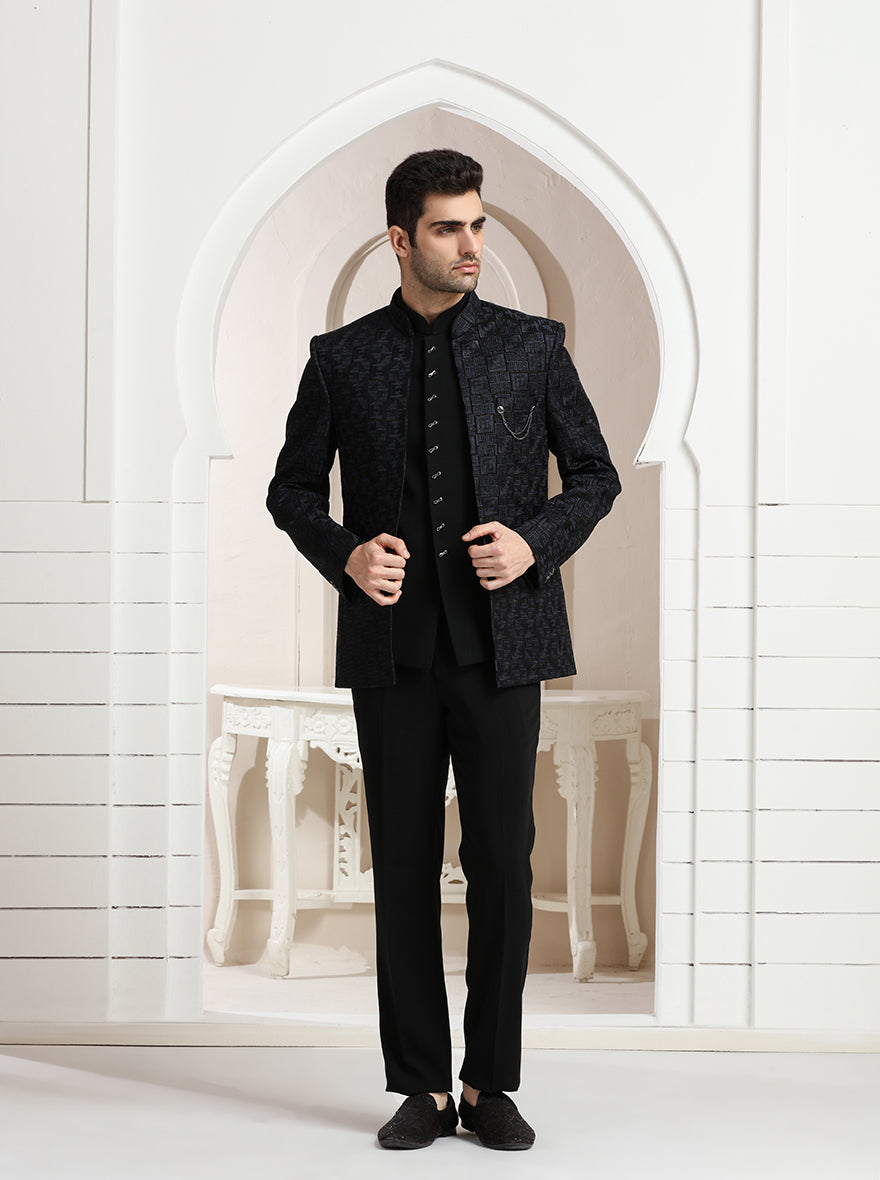Black & Blue Embroidered Jodhpuri Suit | JadeBlue