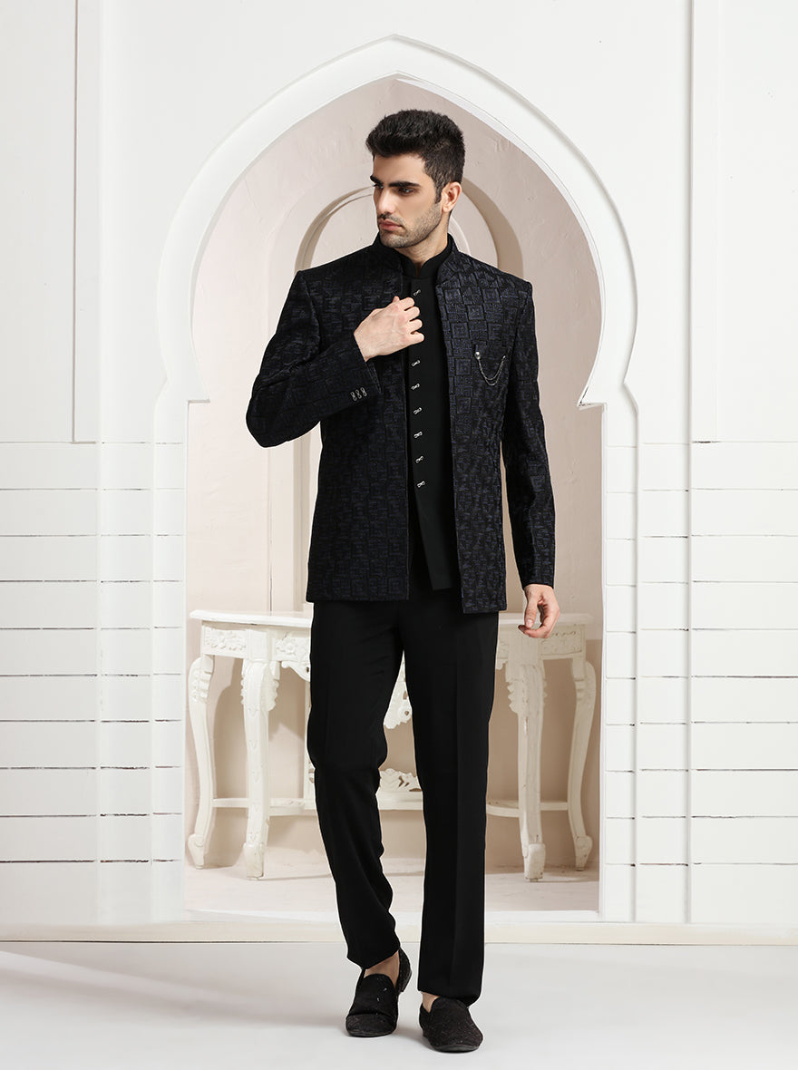Black & Blue Embroidered Jodhpuri Suit | JadeBlue