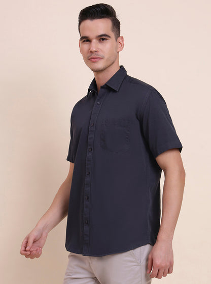 Charcoal Blue Solid Smart Fit Semi Casual Shirt | Greenfibre