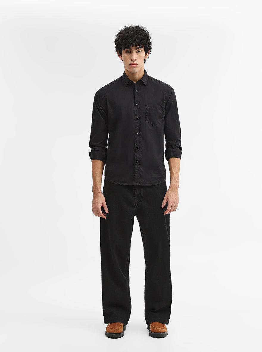 Black Solid Slim Fit Casual Shirt | Greenfibre