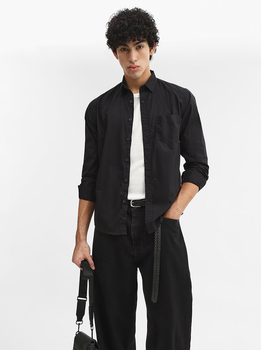 Black Solid Slim Fit Casual Shirt | Greenfibre