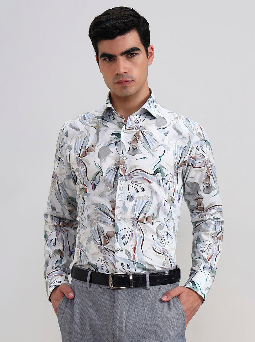 White & Blue Printed Regular Fit Formal Shirt | JadeBlue