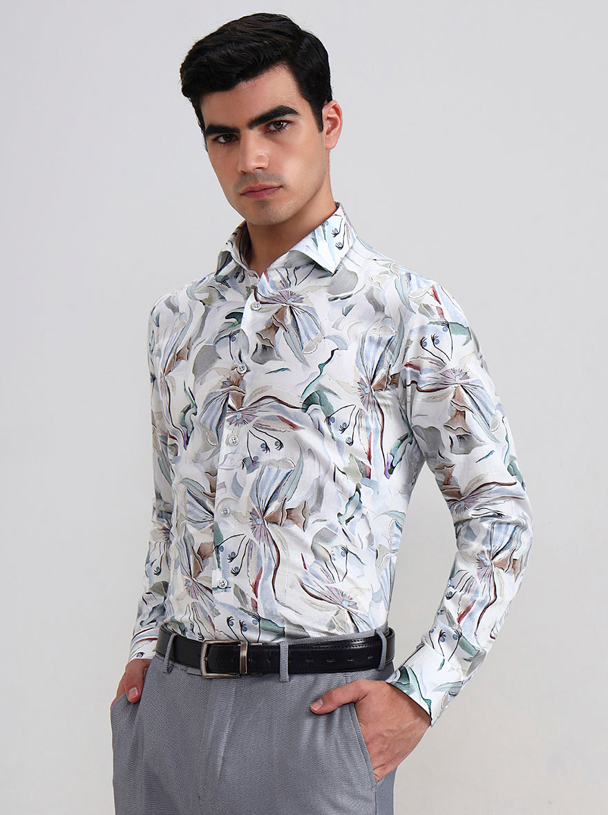 White & Blue Printed Regular Fit Formal Shirt | JadeBlue