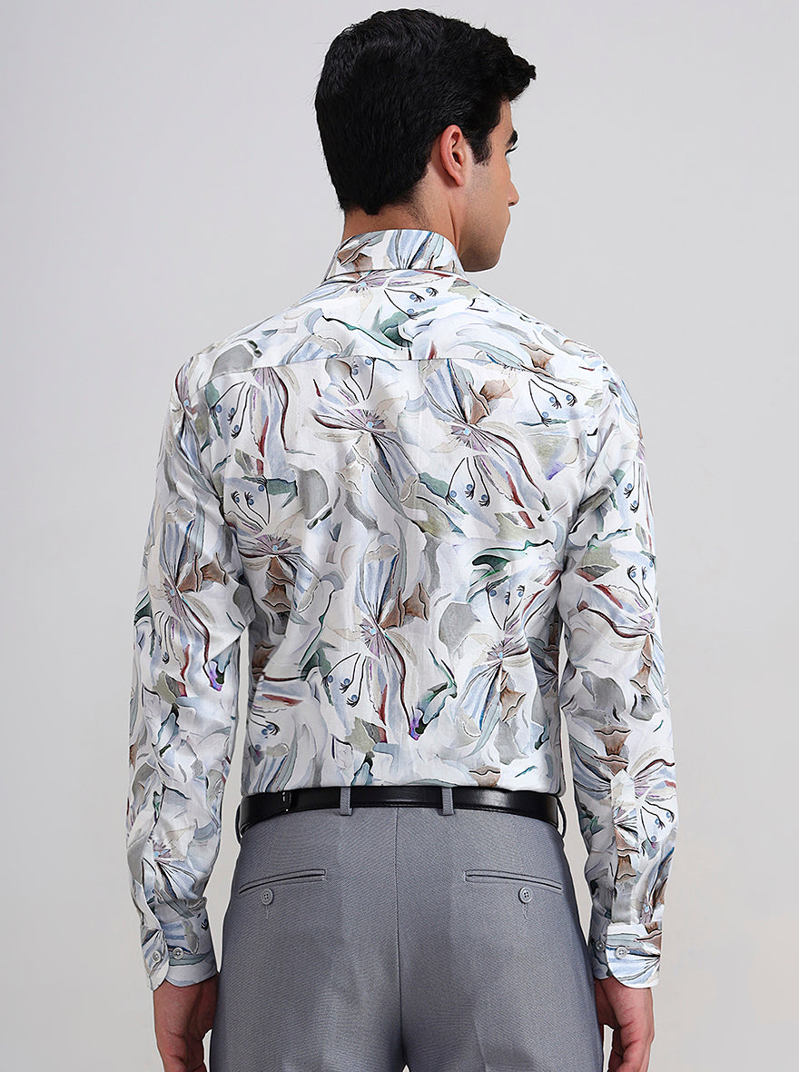 White & Blue Printed Regular Fit Formal Shirt | JadeBlue