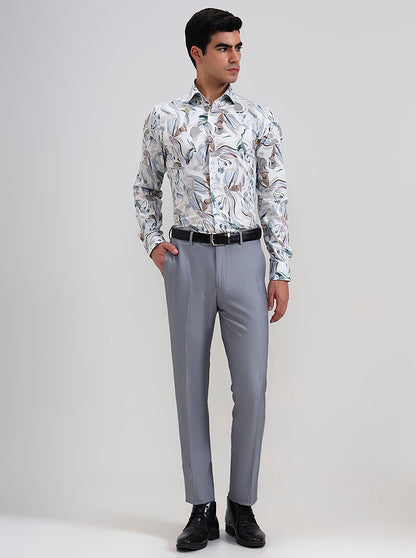 White & Blue Printed Regular Fit Formal Shirt | JadeBlue