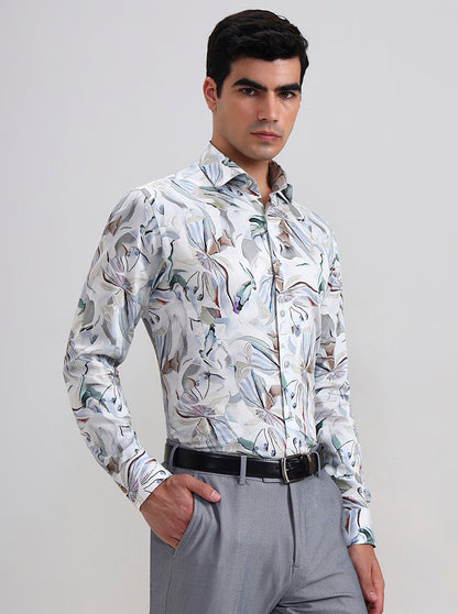 White & Blue Printed Regular Fit Formal Shirt | JadeBlue