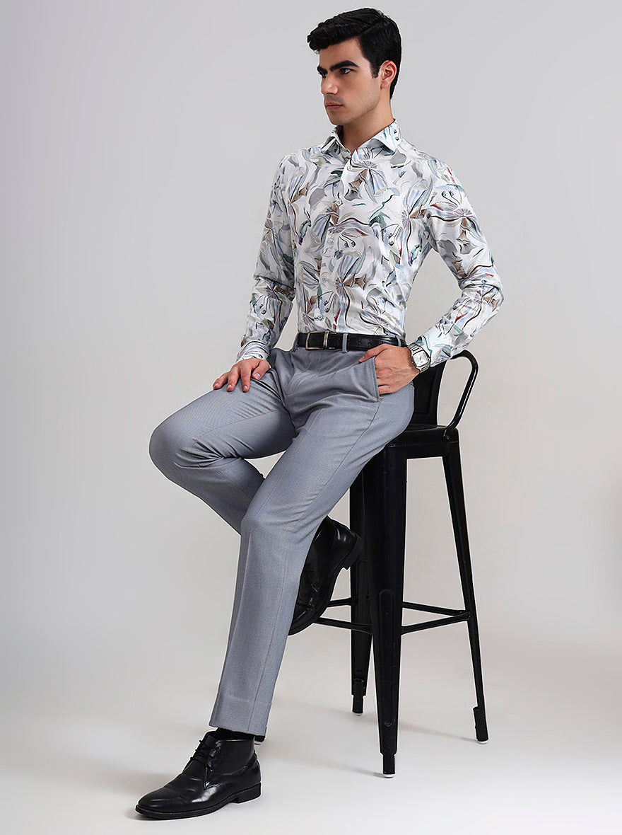 White & Blue Printed Regular Fit Formal Shirt | JadeBlue