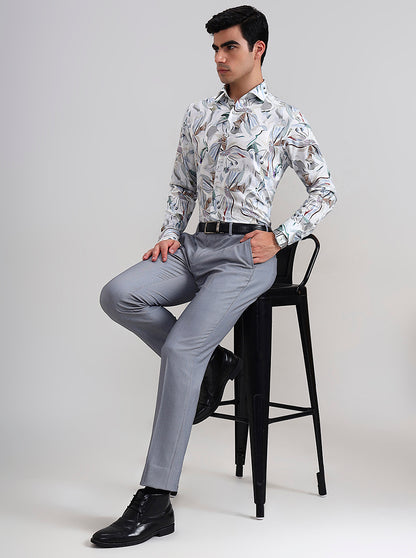 White & Blue Printed Regular Fit Formal Shirt | JadeBlue