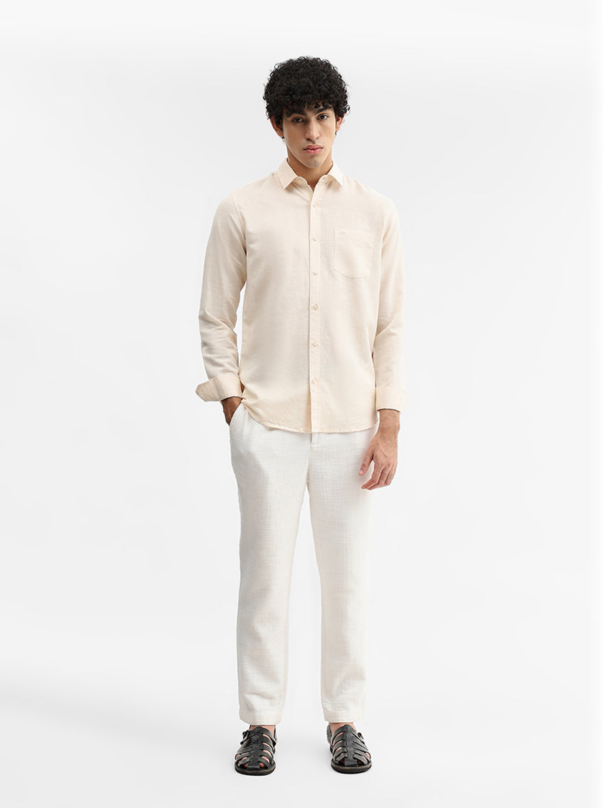 Cream Solid Slim Fit Casual Shirt | JadeBlue