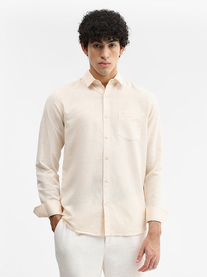 Cream Solid Slim Fit Casual Shirt | JadeBlue