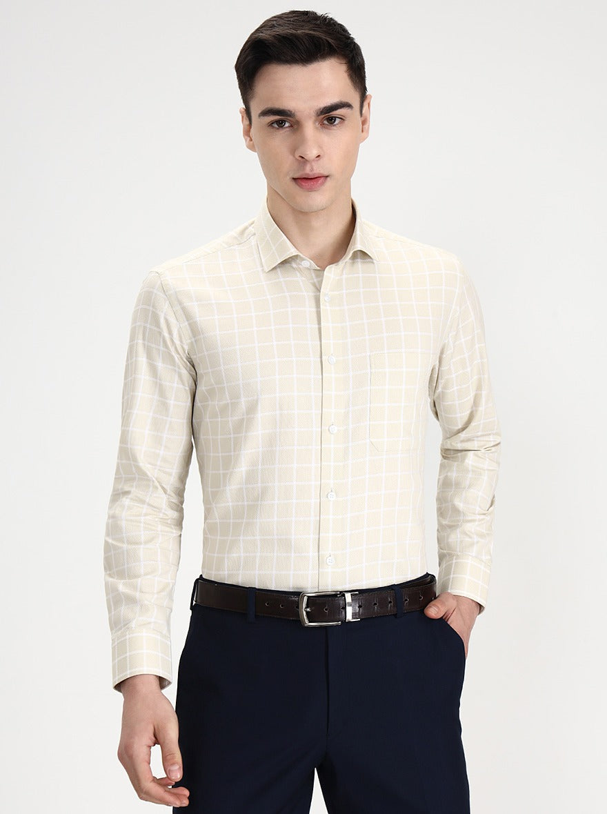 Cream & White Checked Regular Fit Formal Shirt | Metal