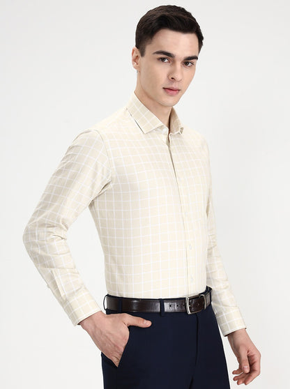 Cream & White Checked Regular Fit Formal Shirt | Metal