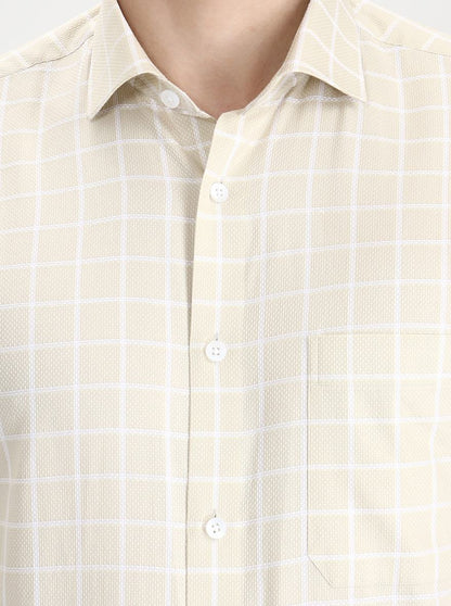 Cream & White Checked Regular Fit Formal Shirt | Metal