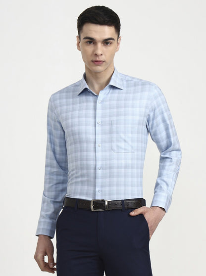 Sky Blue Checked Slim Fit Formal Shirt | Metal