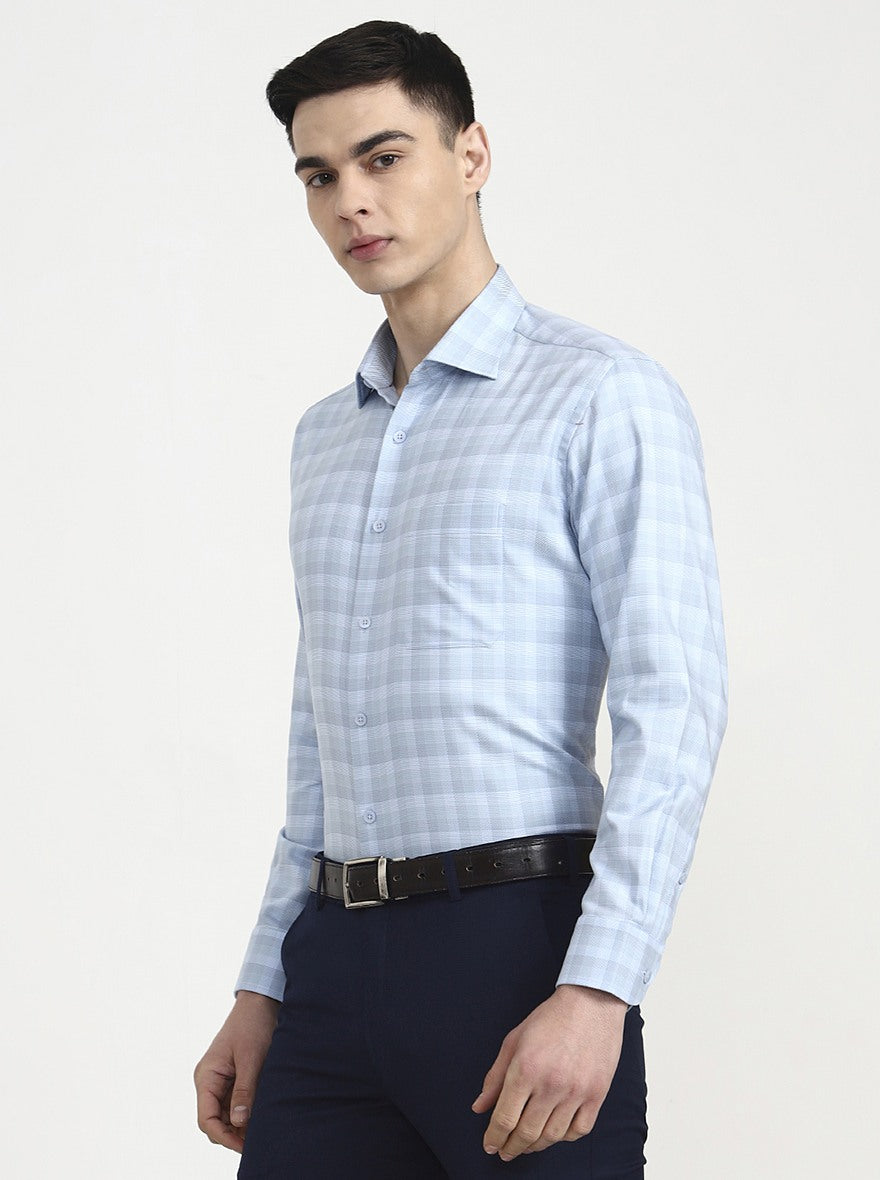 Sky Blue Checked Slim Fit Formal Shirt | Metal