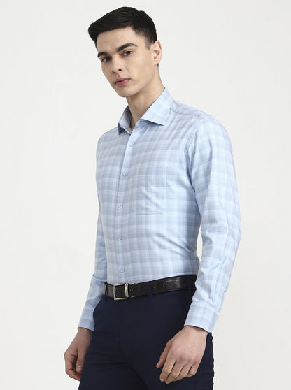 Sky Blue Checked Slim Fit Formal Shirt | Metal