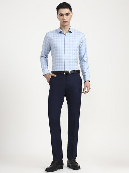 Sky Blue Checked Slim Fit Formal Shirt | Metal