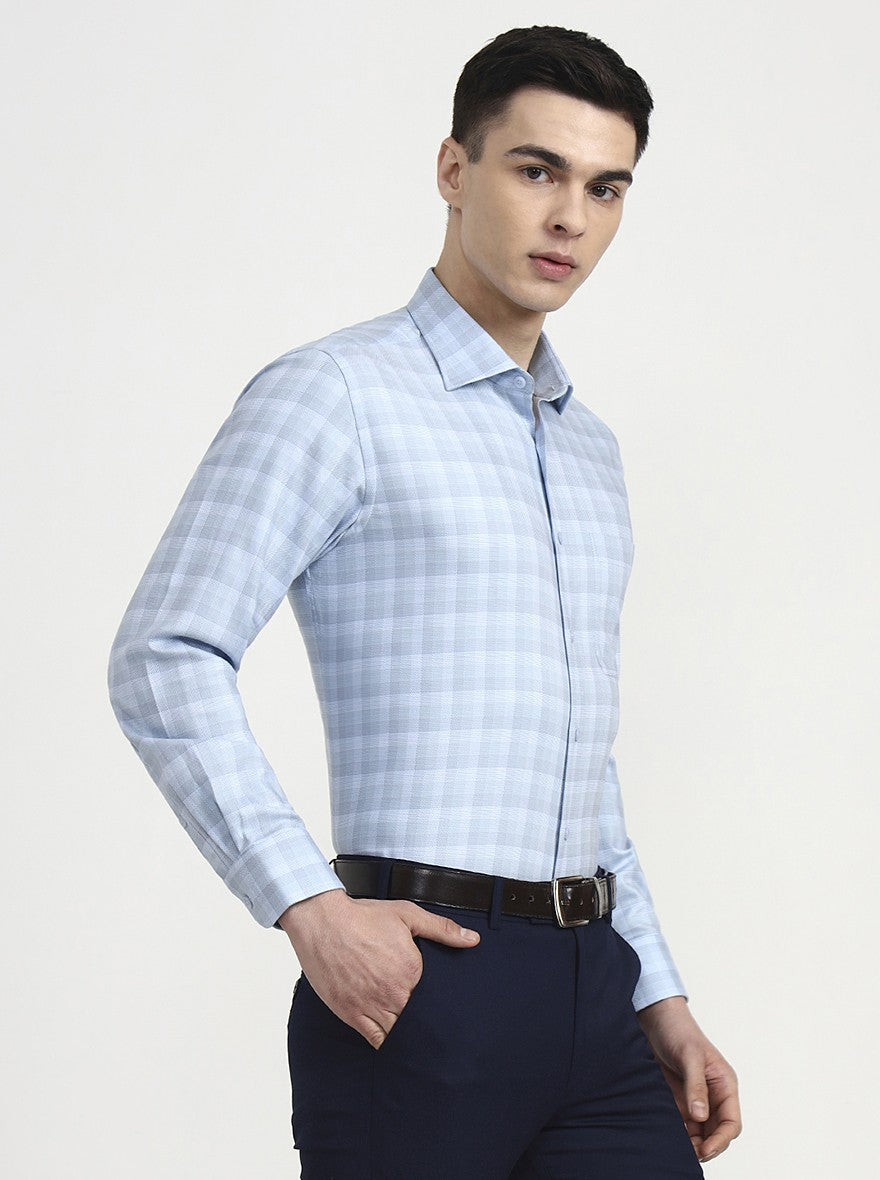 Sky Blue Checked Slim Fit Formal Shirt | Metal