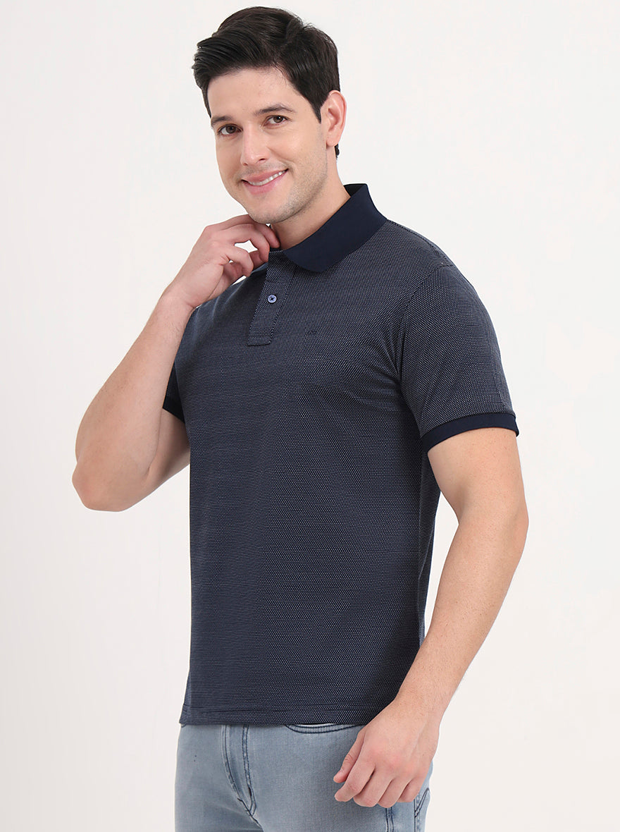 Navy Blue & White Printed Regular Fit Polo T-Shirt | JadeBlue
