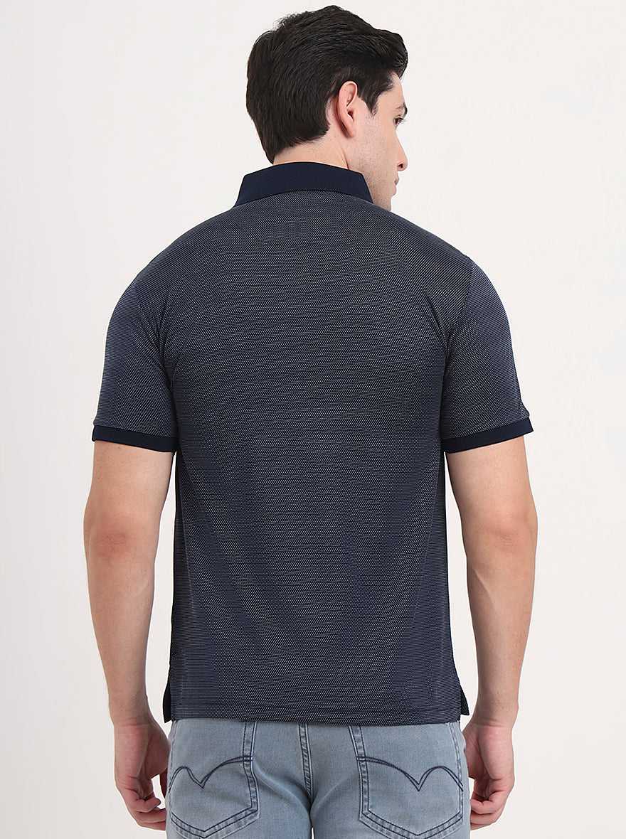 Navy Blue & White Printed Regular Fit Polo T-Shirt | JadeBlue