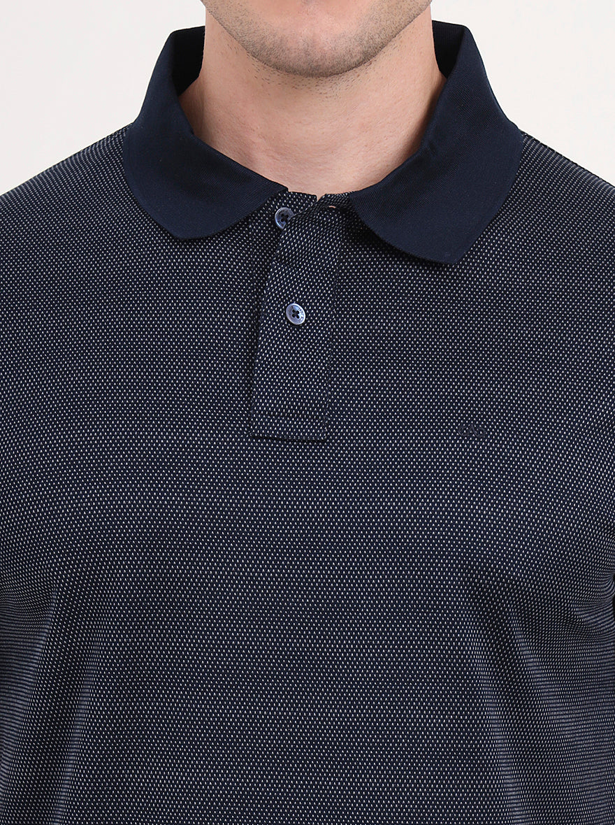 Navy Blue & White Printed Regular Fit Polo T-Shirt | JadeBlue