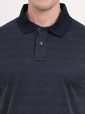 Navy Blue & White Printed Regular Fit Polo T-Shirt | JadeBlue