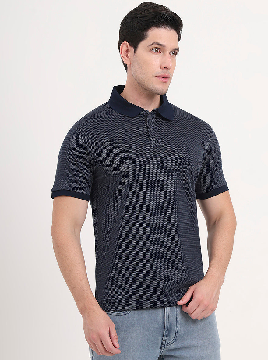 Navy Blue & White Printed Regular Fit Polo T-Shirt | JadeBlue
