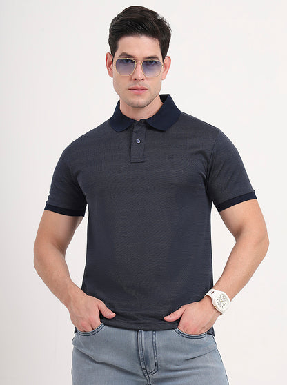 Navy Blue & White Printed Regular Fit Polo T-Shirt | JadeBlue
