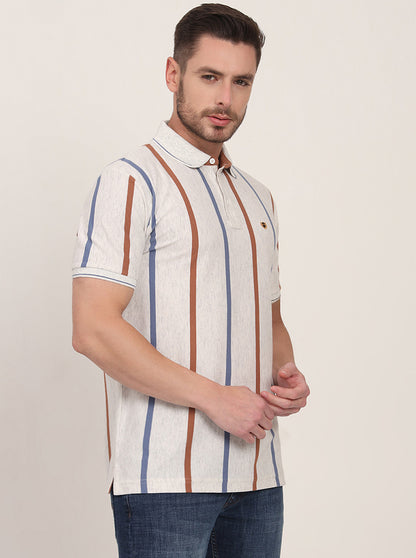 Grey & Brown Striped Slim Fit Polo T-Shirt | JadeBlue