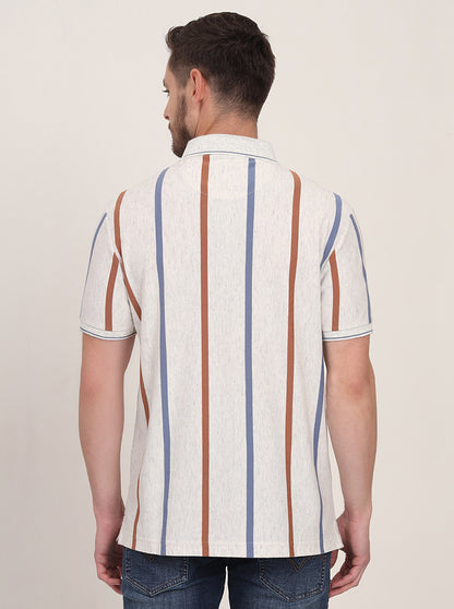 Grey & Brown Striped Slim Fit Polo T-Shirt | JadeBlue