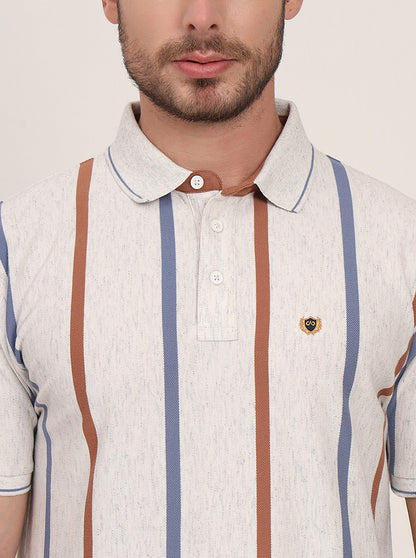 Grey & Brown Striped Slim Fit Polo T-Shirt | JadeBlue