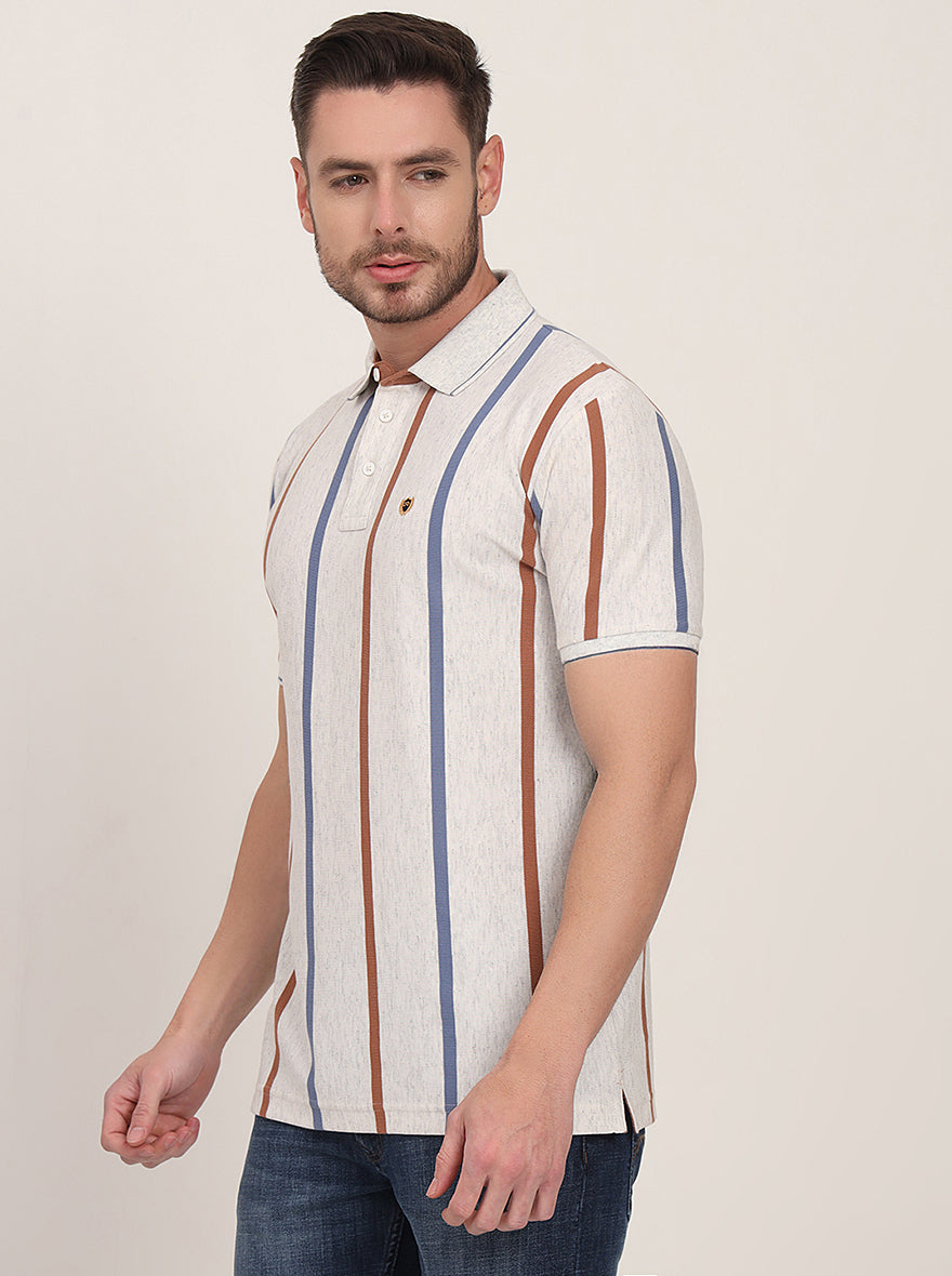 Grey & Brown Striped Slim Fit Polo T-Shirt | JadeBlue