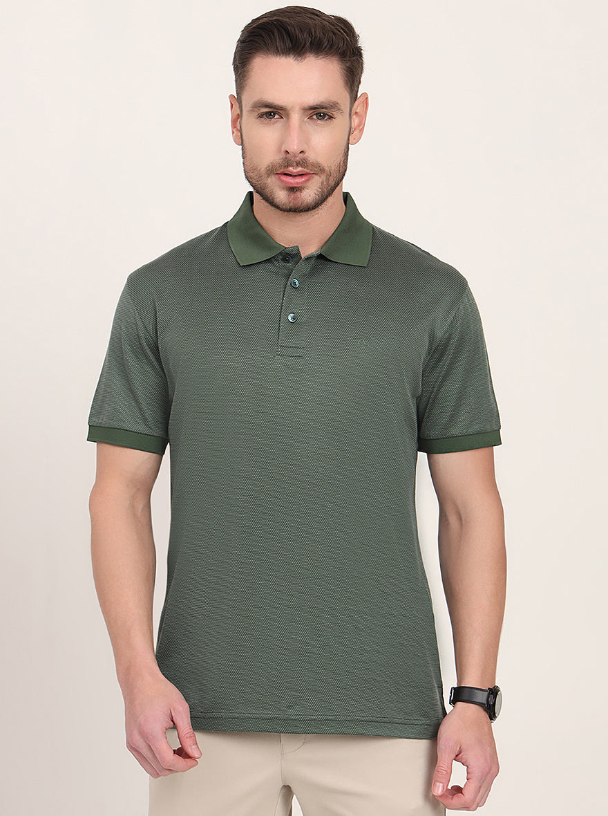 Olive Green Printed Regular Fit Polo T-Shirt | JadeBlue