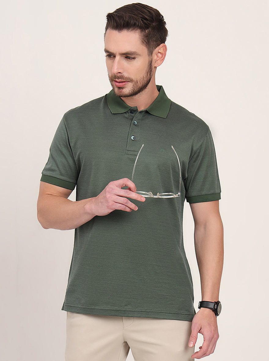 Olive Green Printed Regular Fit Polo T-Shirt | JadeBlue