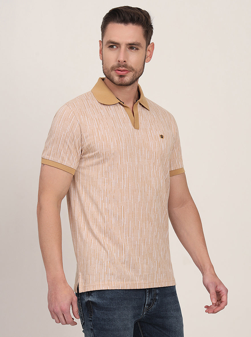Khaki Printed Slim Fit Polo T-Shirt | JadeBlue