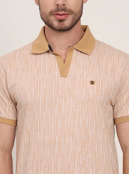 Khaki Printed Slim Fit Polo T-Shirt | JadeBlue