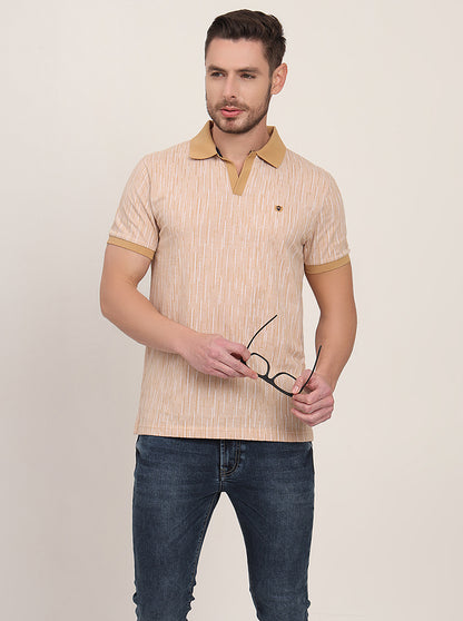 Khaki Printed Slim Fit Polo T-Shirt | JadeBlue