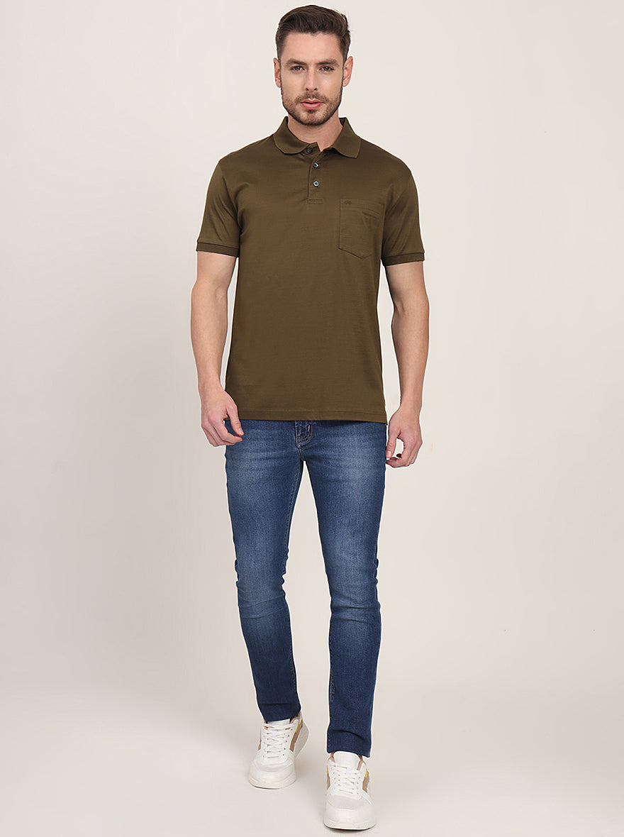 Olive Brown Solid Regular Fit Polo T-Shirt | JadeBlue