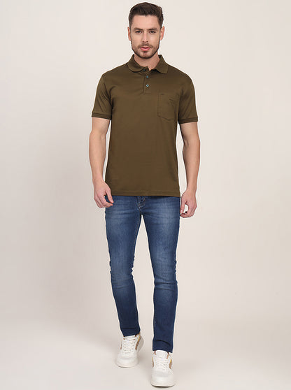 Olive Brown Solid Regular Fit Polo T-Shirt | JadeBlue