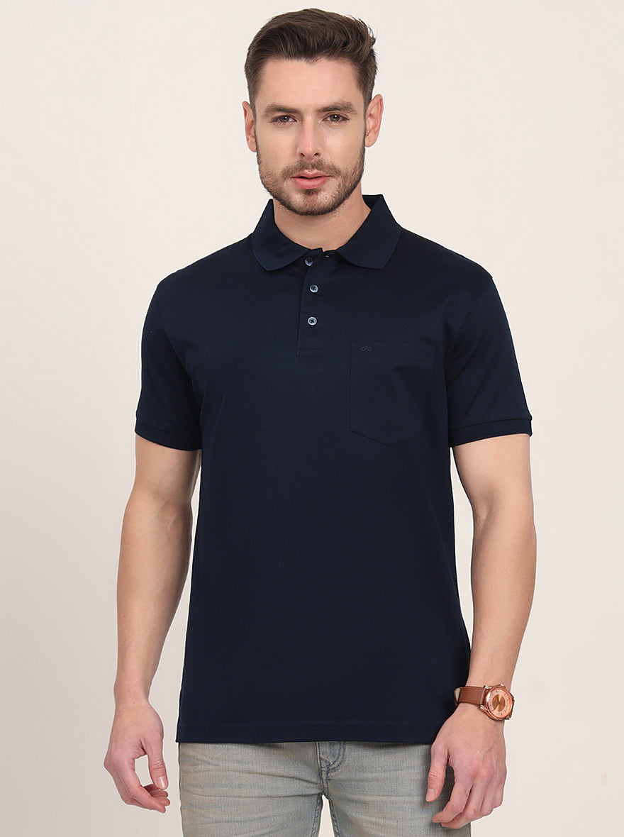Navy Blue Solid Regular Fit Polo T-Shirt | JadeBlue