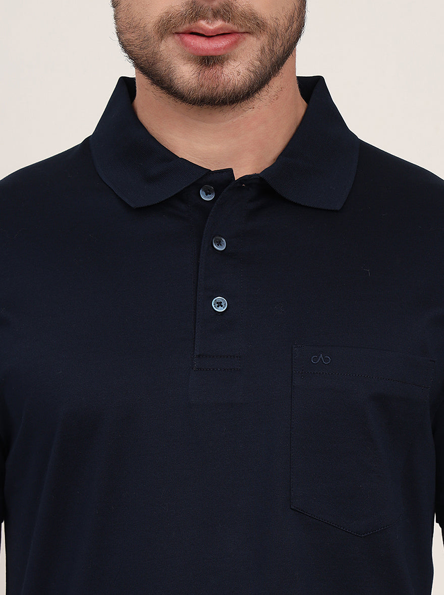 Navy Blue Solid Regular Fit Polo T-Shirt | JadeBlue