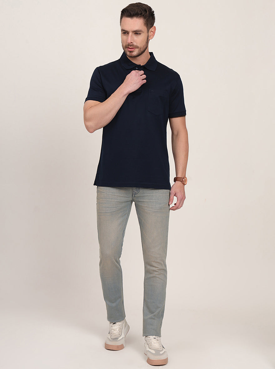Navy Blue Solid Regular Fit Polo T-Shirt | JadeBlue