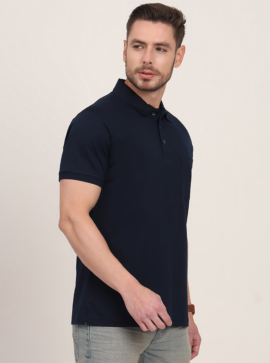 Navy Blue Solid Regular Fit Polo T-Shirt | JadeBlue